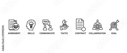 Negotiation banner web icon set vector symbol illustration concept for business deal agreement and collaboration with icon of skills, communicate, tactic, contract, and goal
