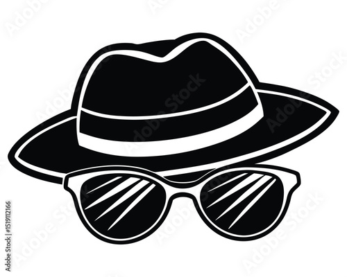 Stylish Fedora Hat with Sunglasses in Black and White Silhouette