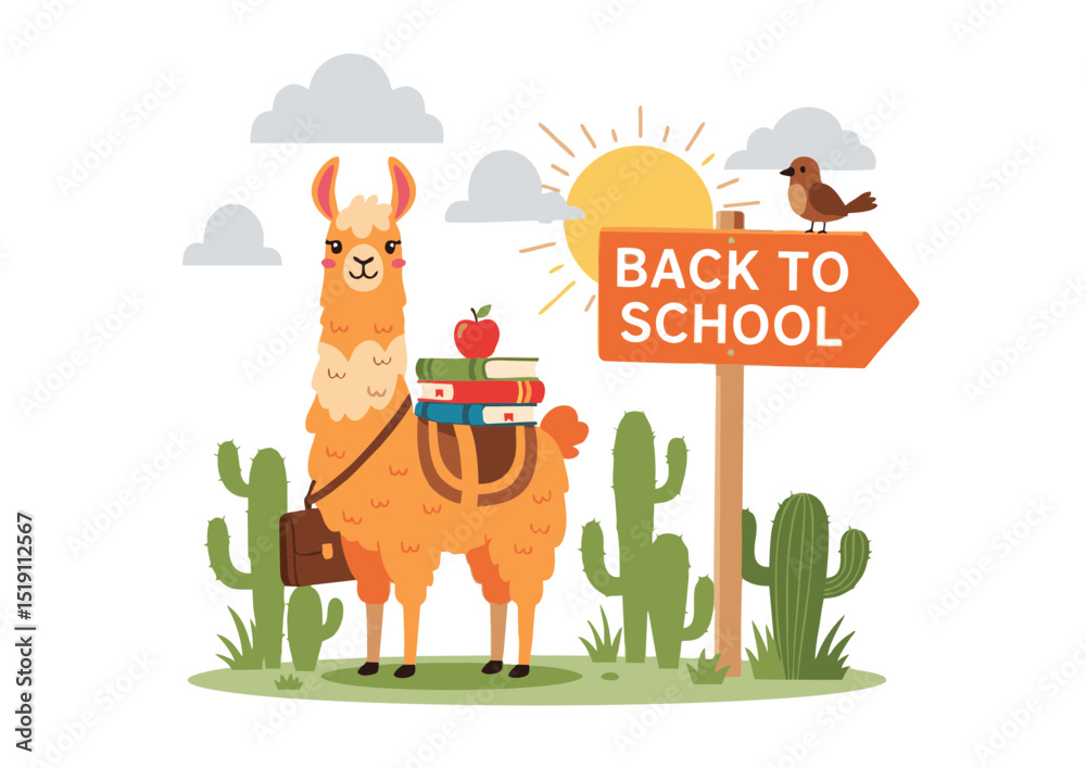 Obraz premium Adorable Llama Carrying Books Back to School Illustration