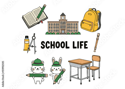 Adorable School Life Illustration Cute Animals, Books, and School Supplies