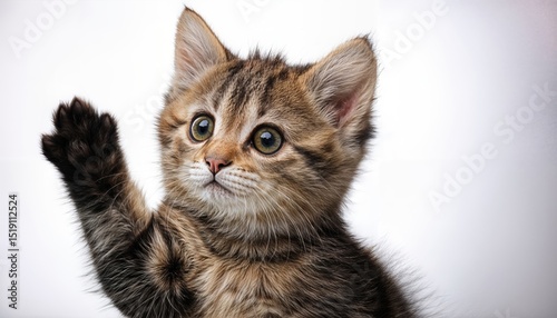 Playful Kitten Waving Paw High Above Grass Field with Breezy Meadow Backdrop, Showcasing Adorable Cuddly Fur and Expressive Eyes Under the Soft Sunlight.