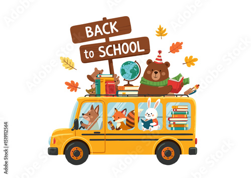 Adorable Animals Riding a School Bus Back to School Illustration