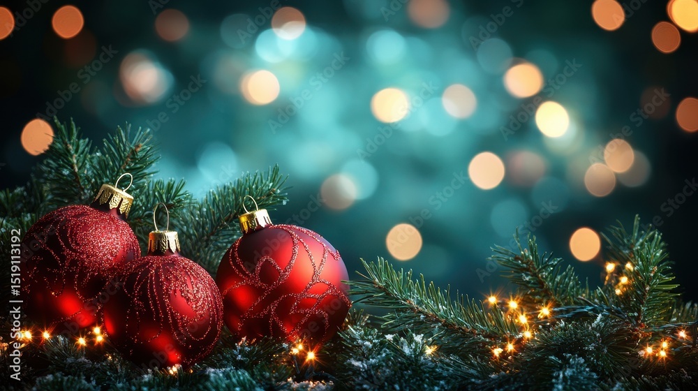Obraz premium Red Christmas ornaments with bokeh lights and pine tree needles. Use this picture for cards, backgrounds, or holiday promotions.