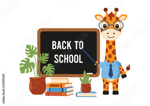Adorable Giraffe Teacher Welcomes Students Back to School Fun Illustration