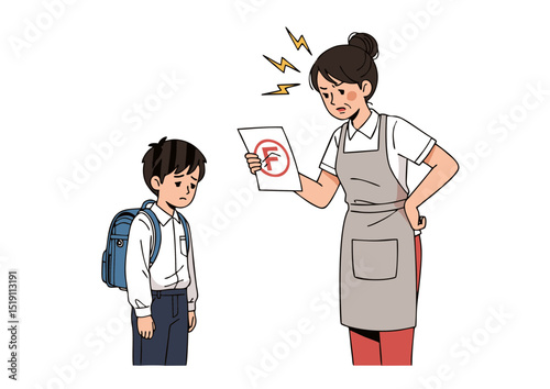 Disappointed Mother Showing Son's Failing Grade Illustration of Parental Disappointment and Child's Sadness