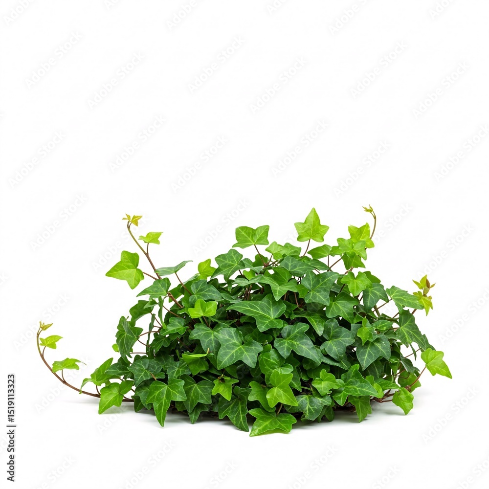 Obraz premium A bush of green ivy with leaves, lushly grown on a white background.