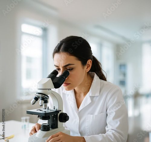Focused female scientist examining a sample through a microscope in a bright laboratory, showcasing scientific observation and detail-oriented research.