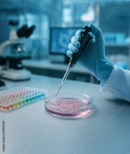 Hand pipetting red liquid into a petri dish containing cell samples, surrounded by color-coded test plates and microscope in a scientific lab.
