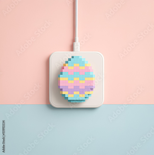 Colorful pixelated Easter egg on a wireless charging pad, blending retro digital aesthetics with festive pastel tones.