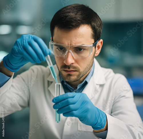 Focused scientist in protective glasses and gloves transferring blue liquid between test tubes in a modern lab setting.