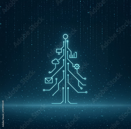 Glowing digital Christmas tree made of circuit lines and tech icons on a dark binary background, symbolizing tech-themed holidays.