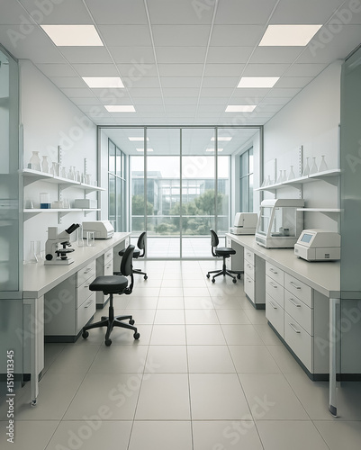 Clean and bright biotechnology lab with microscopes, computer screens displaying cell images, and large glass windows for natural lighting.