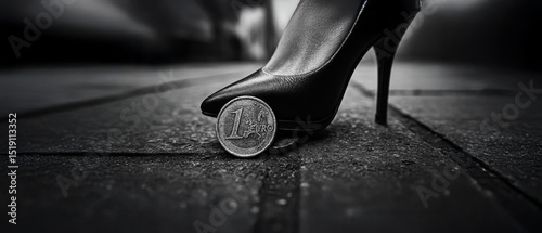 A black high heel steps on a one-euro coin on the pavement, symbolizing financial pressure, economic disparity, or capitalism’s dominance over individual worth.