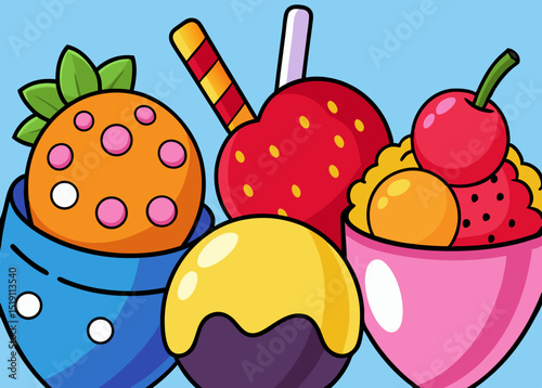 A detailed close-up vector illustration of summer ice cream scoops and chilled fruity drinks
