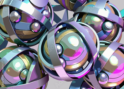 A detailed close-up vector illustration of metallic abstract spheres and flowing ribbons with holographic surfaces, emphasizing texture and light play.