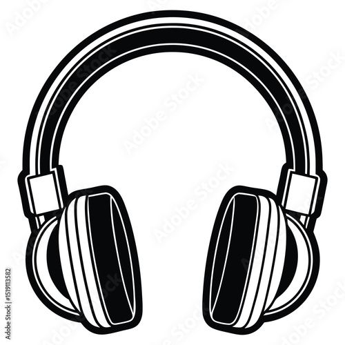 Headphones Illustration in Black and White Music Listening Device Audio Equipment Silhouette