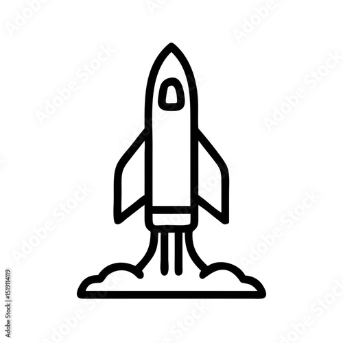 Black and White Line Icon of Rocket Launching into Space