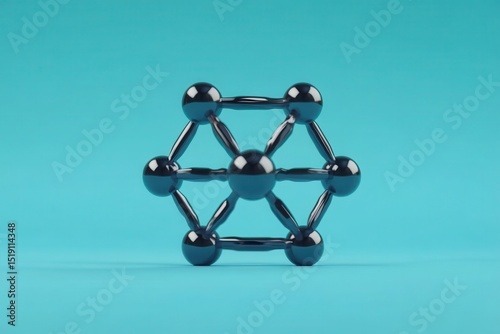 Shiny metallic molecule model on a blue background. Use for scientific, medical, or technological concepts.