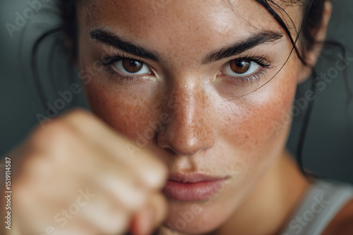 Focused and determined woman staring intensely. Punching towards the viewer with a fist, symbolizing strength and resilience.