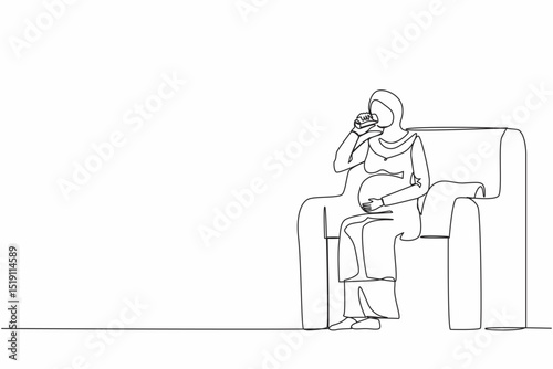 Single one line drawing Arabian pregnant woman drinking water sitting on sofa. Expectant lady have rest at home with glass. Pregnancy, healthcare, thirst concept. Continuous line design graphic vector