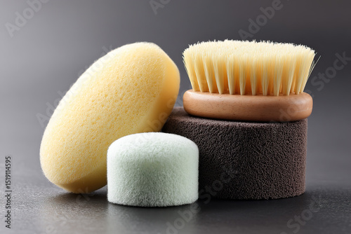 Arrangement of cleaning implements including a bristle brush, brown exfoliating sponge, and small light-green and yellow sponges.