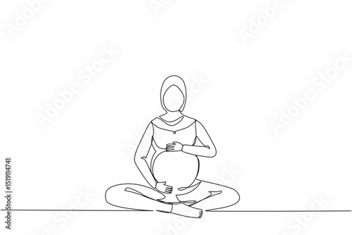 Continuous one line drawing happy Arab pregnant woman sitting with crossed legs at home and looking at her belly. Future mom expecting baby caressing her tummy. Single line draw design vector graphic