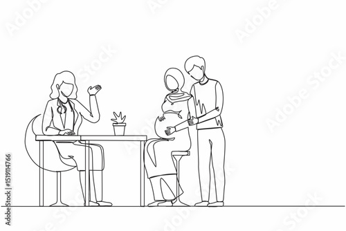 Single one line drawing Arabian Moslem family expecting child visiting doctor isolated. Physician consulting pregnant woman with husband. Modern continuous line draw design graphic vector illustration