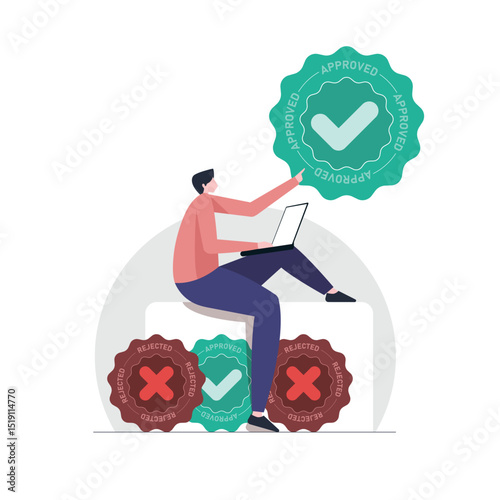 Business person with approve and reject symbol, Approved document with check mark symbol