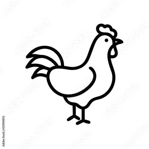 Black and White Line Icon of Rooster or Chicken Farm Animal