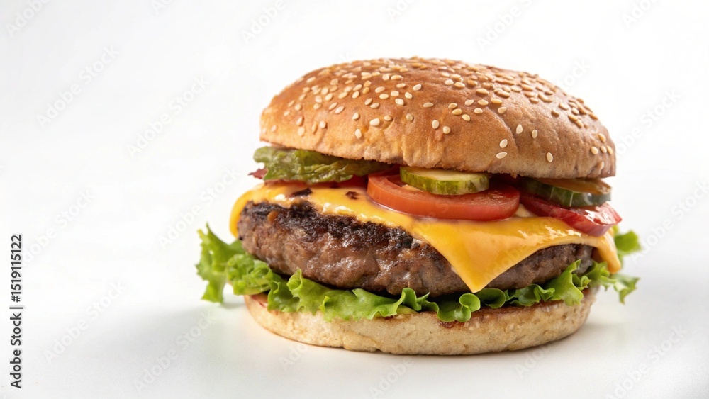 Delicious Hamburger with Cheese and Fresh Toppings - White Background Delicious Hamburger with Cheese and Fresh Toppings - White Background