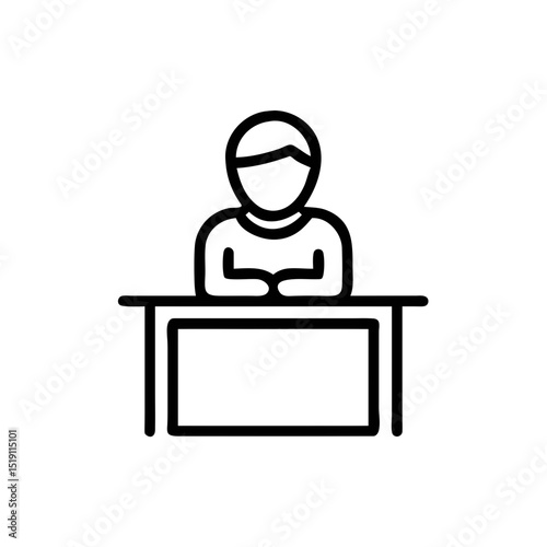 Simple Line Art of Person Sitting at Desk Icon Isolated on White Background