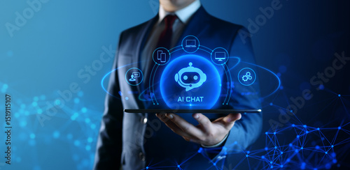 Businessman Holding tablet with Ai Chat Icons on Screen. Artificial Intelligence Technology concept