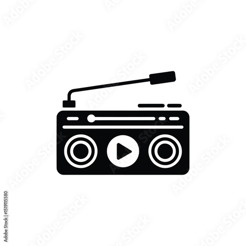 Retro Music Player Silhouette Featuring Play Button and Antenna Isolated on White Background
