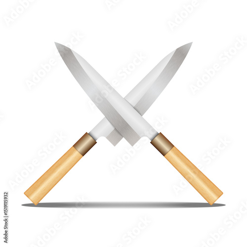 Crossed chef Japanese knives with sharp silver blades and wooden handles, realistic 3d vector clipart objects isolated on white background, kitchen equipment, or culinary competition poster.