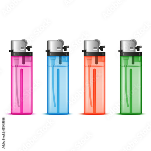Set of four transparent plastic lighters front view in pink, blue, orange, and green colors with metallic tops arranged in a row isolated on white background, realistic 3d vector illustration.