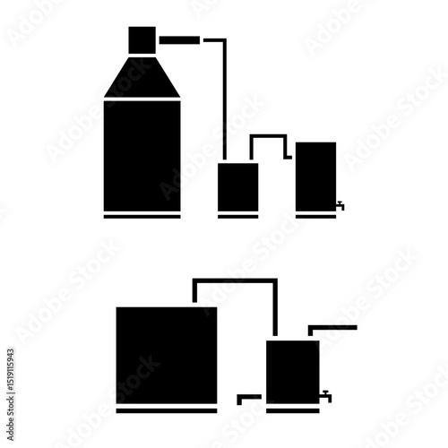 Simple schematic diagram of traditional moonshine stills icons with pipes and containers, minimalist black silhouette illustration, distillation process for alcohol production or ethanol extraction.