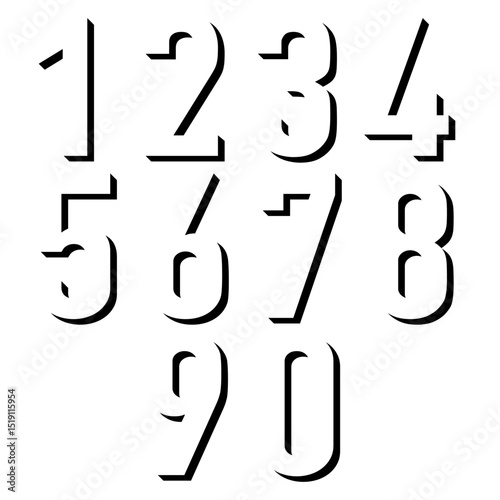 Stencil numbers from 0 to 9 negative space style with 3d effect, stylish black minimalist numerals design on white background for creative poster typography, abstract math or digital art mockup.