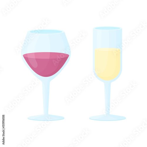 A glass of champagne and a glass of wine. Alcohol in glasses