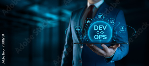 Businessman holding tablet with Dev Ops Development Operations icons on screen