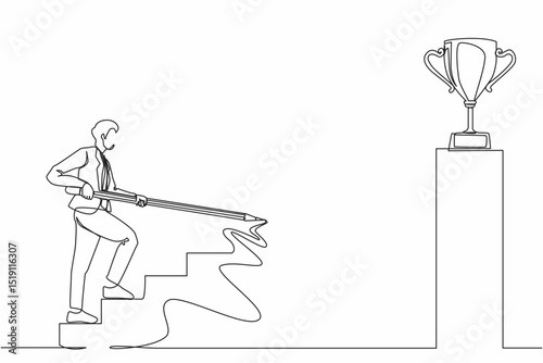 Continuous one line drawing businessman use huge pencil to draw rising up stairs, walk climbing up ladder, and try to reach trophy cup. Business development successful. Single line draw design vector