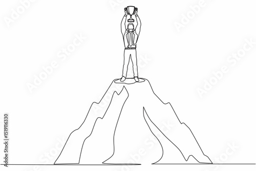 Single one line drawing happy businessman holding trophy on the top of the high mountain. Success, goal, achievement and challenge concept. Continuous line draw design graphic vector illustration