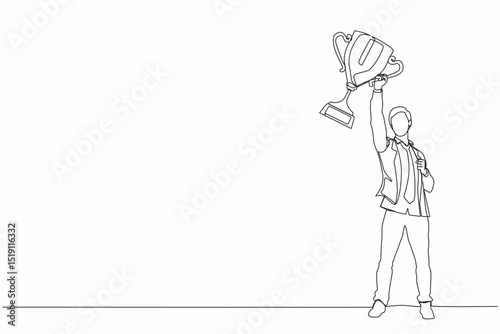 Single continuous line drawing businessman with trophy standing with arms lifted in the air. Man celebrating his business award. Winner and reaching goals concept. One line draw graphic design vector
