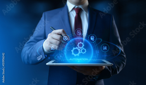 Businessman Holding smartphone with Automation Process Icons on Screen. Business and Industry concept