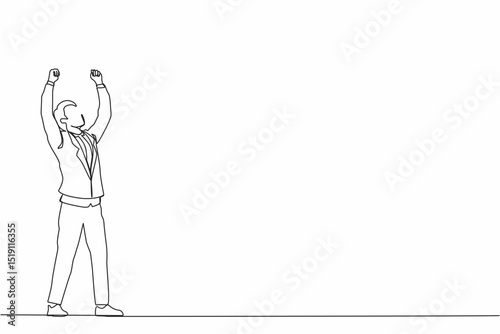 Single one line drawing young businessman standing and raising hands or arms. Successful guy. Career goal. Victory sign or symbol. Winner pose. Continuous line draw design graphic vector illustration