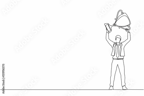 Single one line drawing businessman standing and lifting trophy. Career goal icon. Victory sign or symbol. Winner pose. Success, goal, achievement concept. Continuous line draw design graphic vector