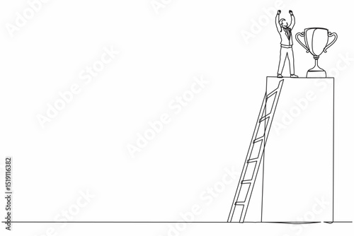 Continuous one line drawing businessman climb ladder to reach trophy and standing with arms lifted in the air. Man celebrating his business award. Single line draw design vector graphic illustration