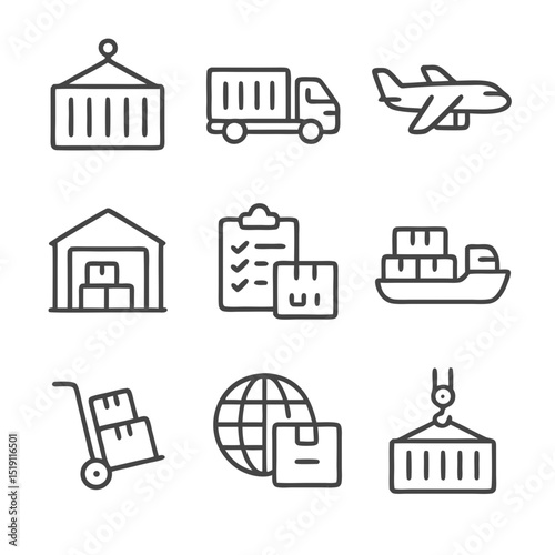 Cargo nine line drawings show various shipping methods, suitable for logistics companies, transportation services, and global shipping industries.
