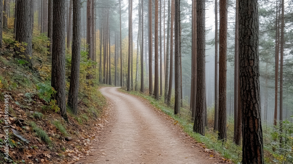 Naklejka premium Narrow forest trail winds through tall trees, enveloped morning mist, creating serene atmosphere