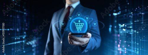 Businessman Holding Smartphone with E-Commerce and Retail Icons on Screen. E-Business and Shopping Concept