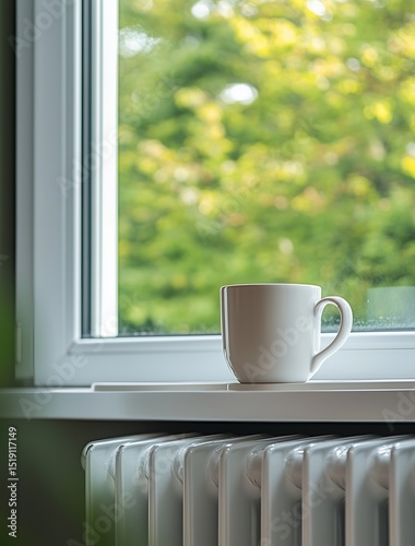 Simple Indoor Windowsill with White Mug and Lush Greenery, Conveying a Healing Home Atmosphere, Suitable for Home Aesthetics and Coffee Brand Promotion.